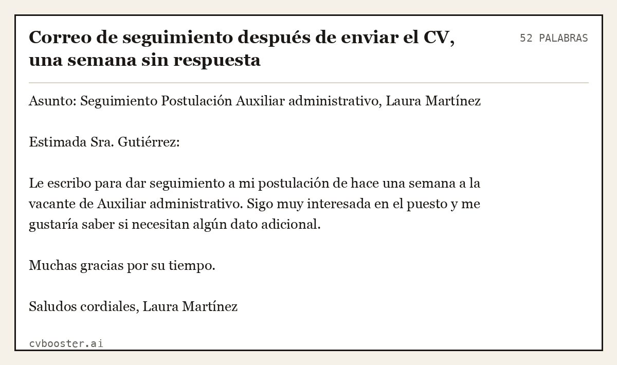 Ejemplo completo: Correo de seguimiento después de enviar el CV, una semana sin respuesta, 52 palabras