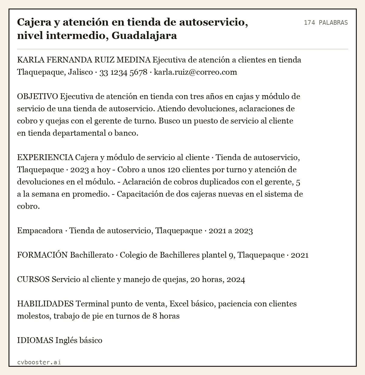 Ejemplo completo: Cajera y atención en tienda de autoservicio, nivel intermedio, Guadalajara, 174 palabras