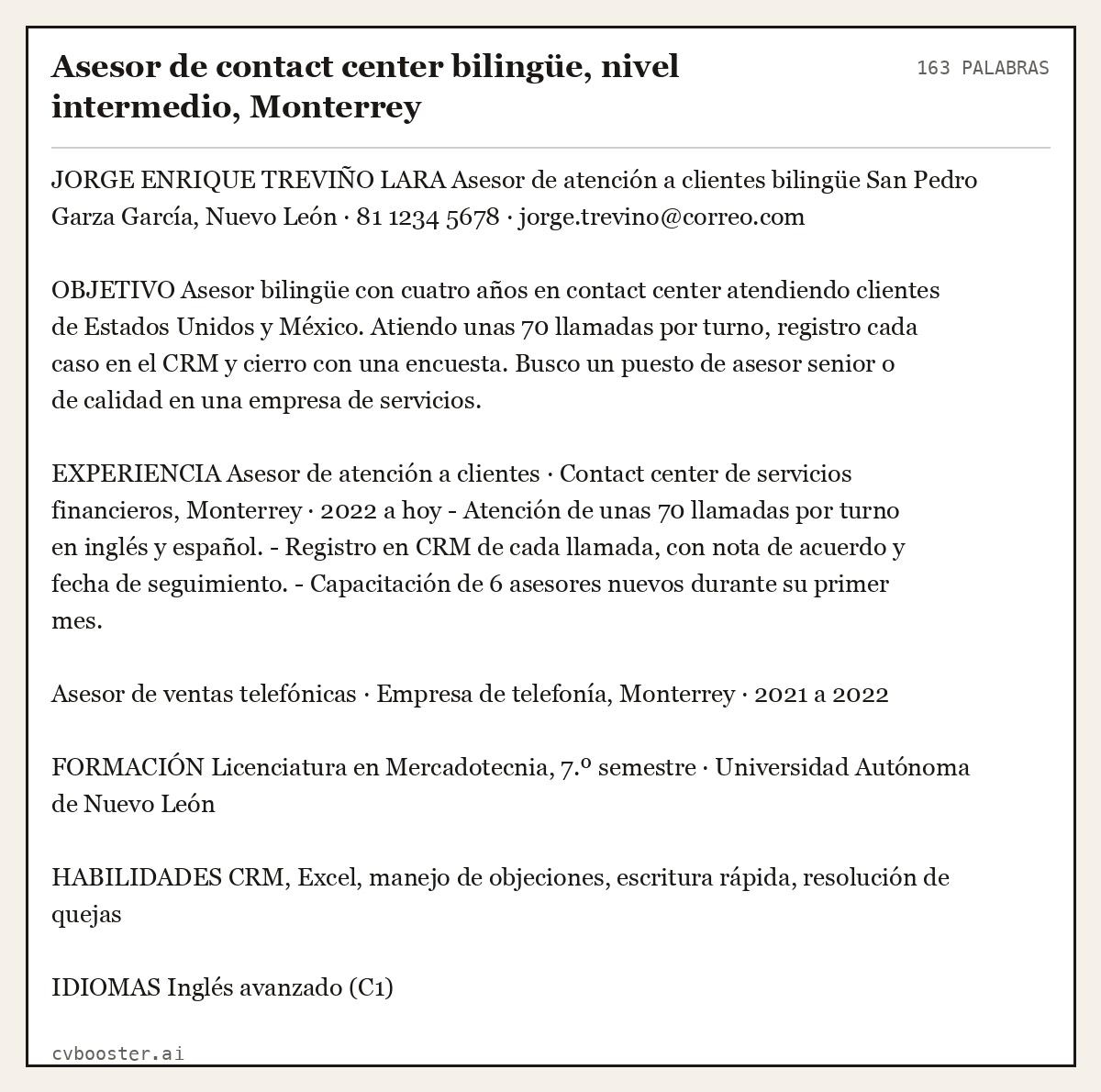 Ejemplo completo: Asesor de contact center bilingüe, nivel intermedio, Monterrey, 163 palabras