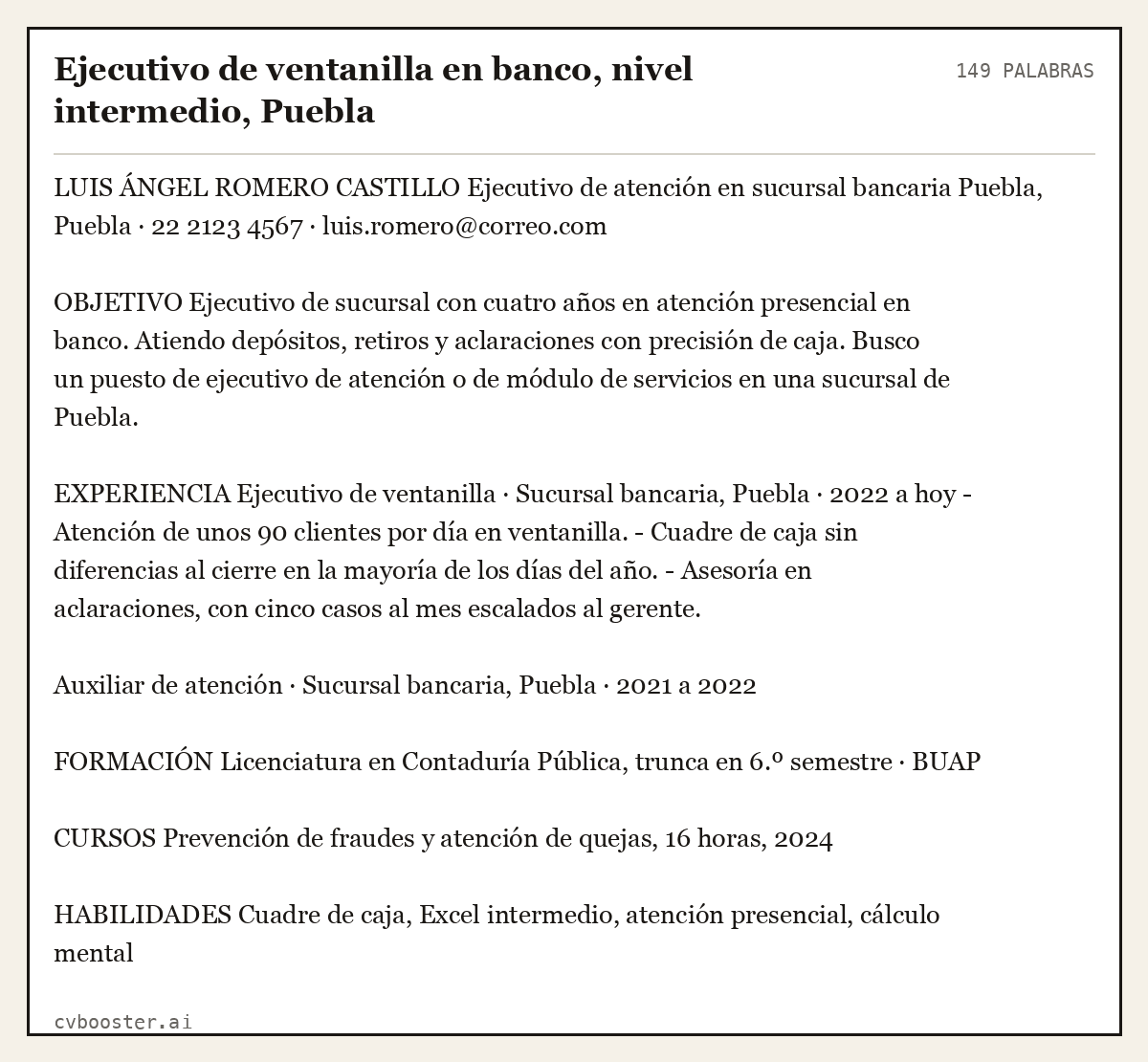 Ejemplo completo: Ejecutivo de ventanilla en banco, nivel intermedio, Puebla, 149 palabras