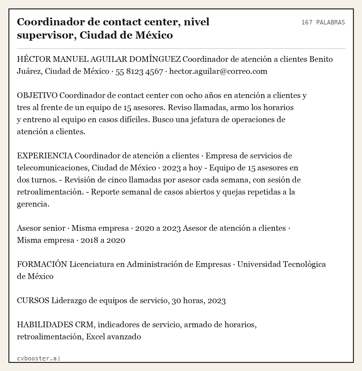 Ejemplo completo: Coordinador de contact center, nivel supervisor, Ciudad de México, 167 palabras