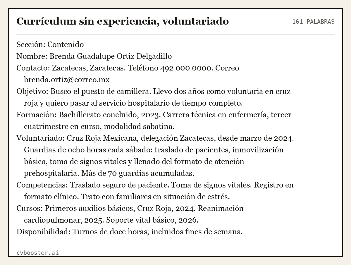 Ejemplo completo: Currículum sin experiencia, voluntariado, 161 palabras