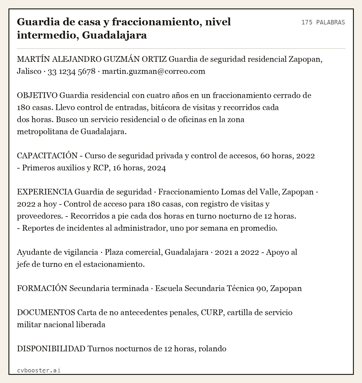 Ejemplo completo: Guardia de casa y fraccionamiento, nivel intermedio, Guadalajara, 175 palabras