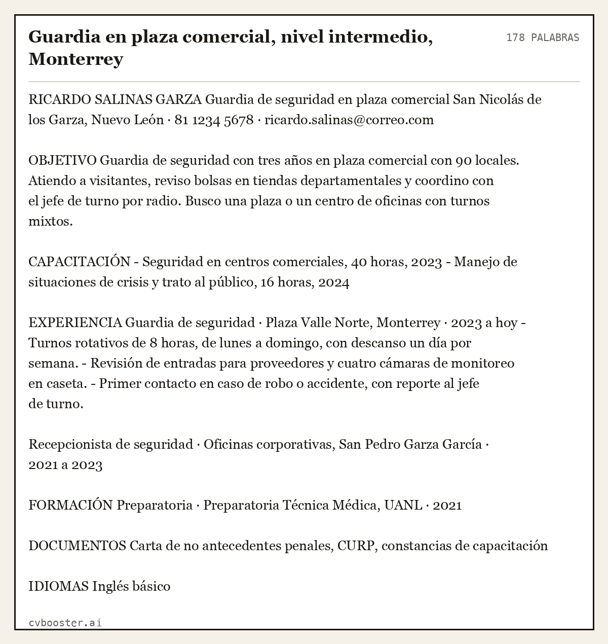 Ejemplo completo: Guardia en plaza comercial, nivel intermedio, Monterrey, 178 palabras
