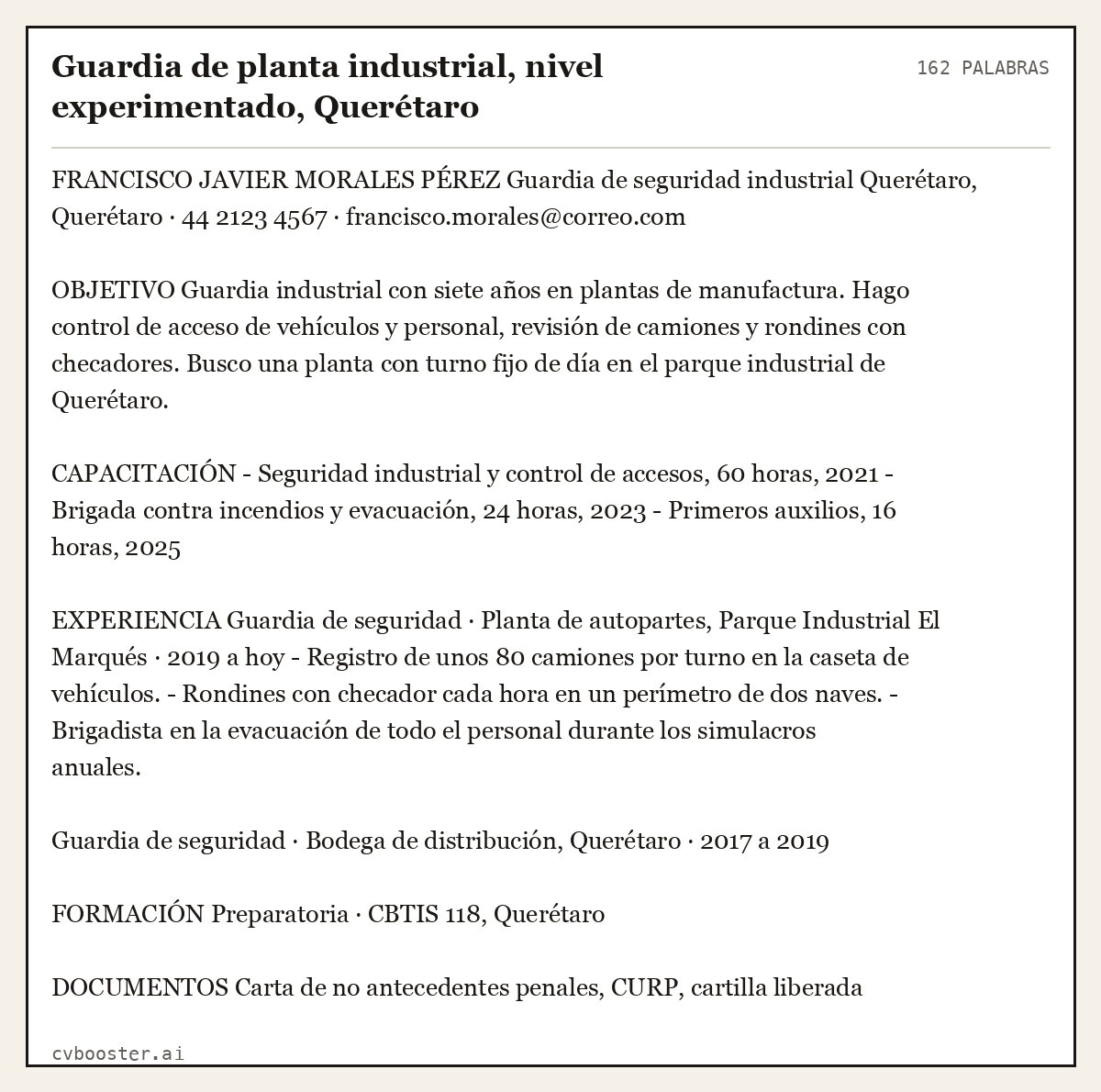 Ejemplo completo: Guardia de planta industrial, nivel experimentado, Querétaro, 162 palabras