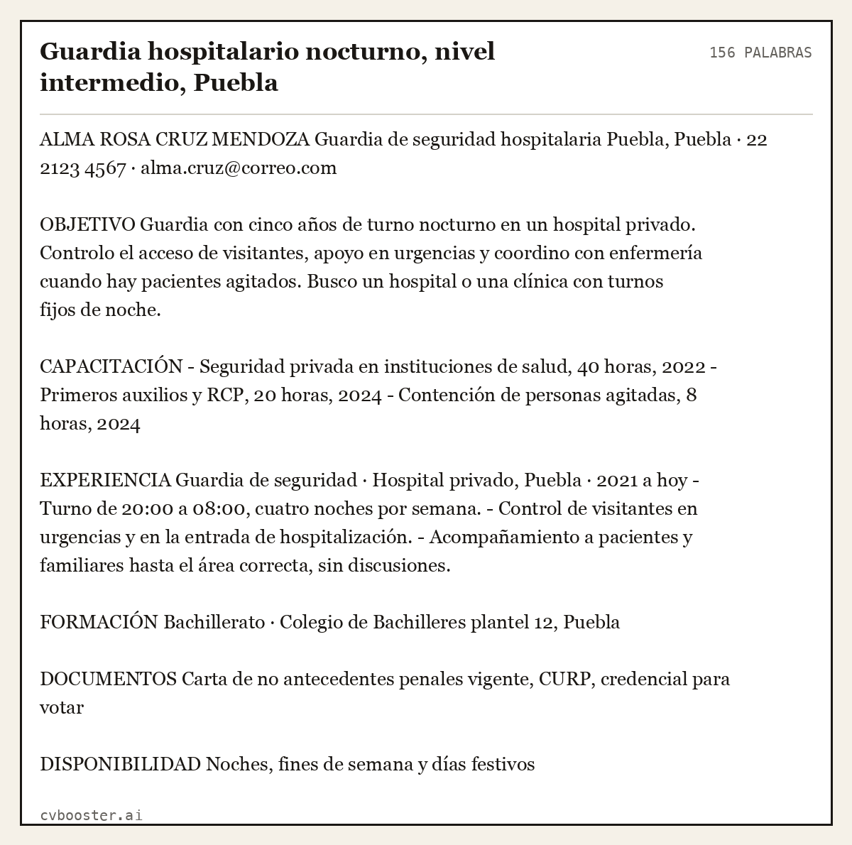 Ejemplo completo: Guardia hospitalario nocturno, nivel intermedio, Puebla, 156 palabras