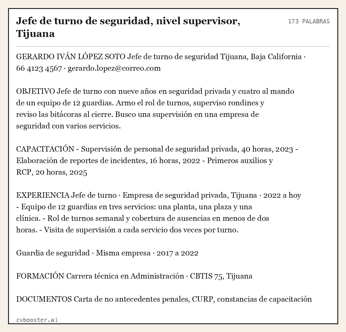 Ejemplo completo: Jefe de turno de seguridad, nivel supervisor, Tijuana, 173 palabras