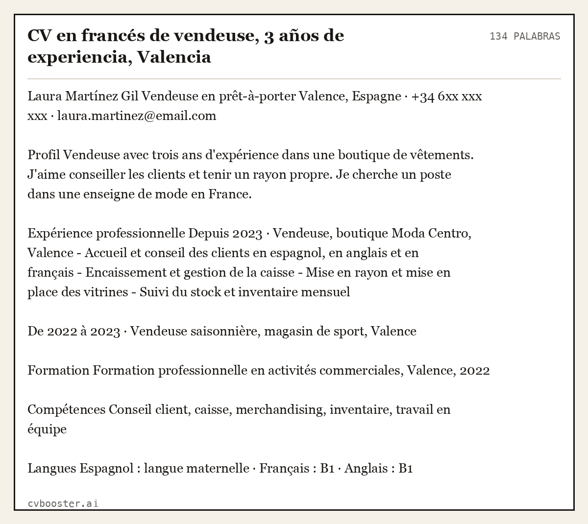 Ejemplo completo: CV en francés de vendeuse, 3 años de experiencia, Valencia, 134 palabras