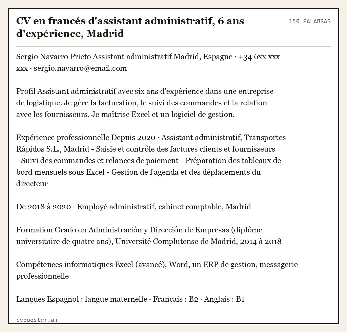 Ejemplo completo: CV en francés d'assistant administratif, 6 ans d'expérience, Madrid, 150 palabras