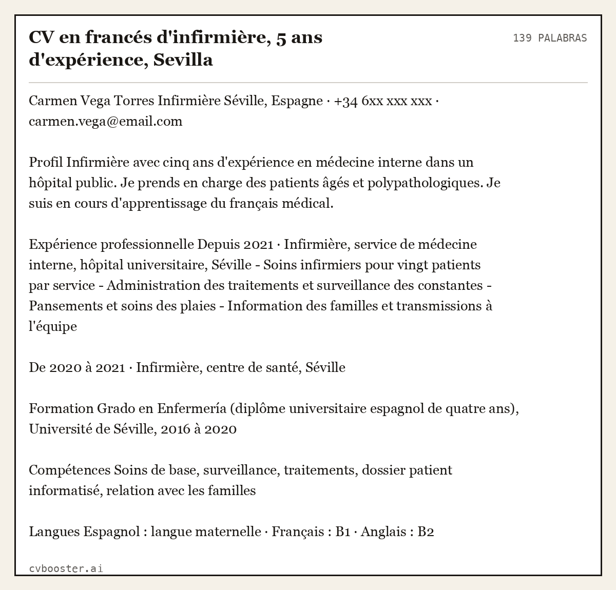 Ejemplo completo: CV en francés d'infirmière, 5 ans d'expérience, Sevilla, 139 palabras