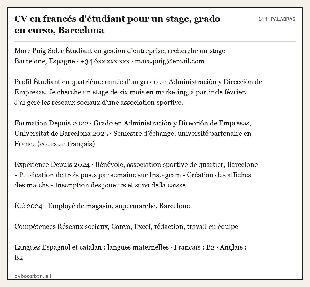 Ejemplo completo: CV en francés d'étudiant pour un stage, grado en curso, Barcelona, 144 palabras