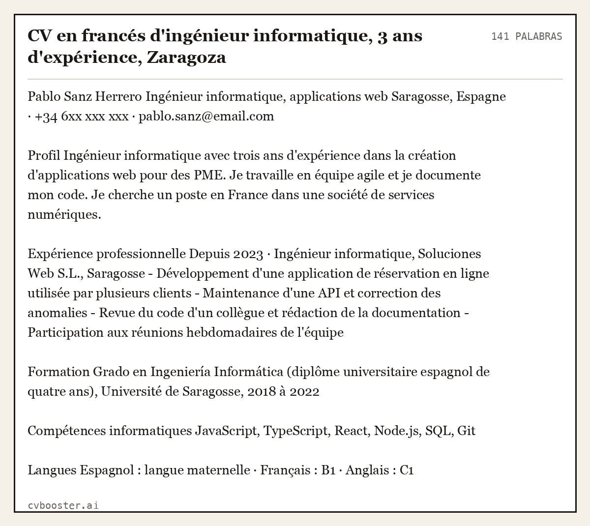 Ejemplo completo: CV en francés d'ingénieur informatique, 3 ans d'expérience, Zaragoza, 141 palabras
