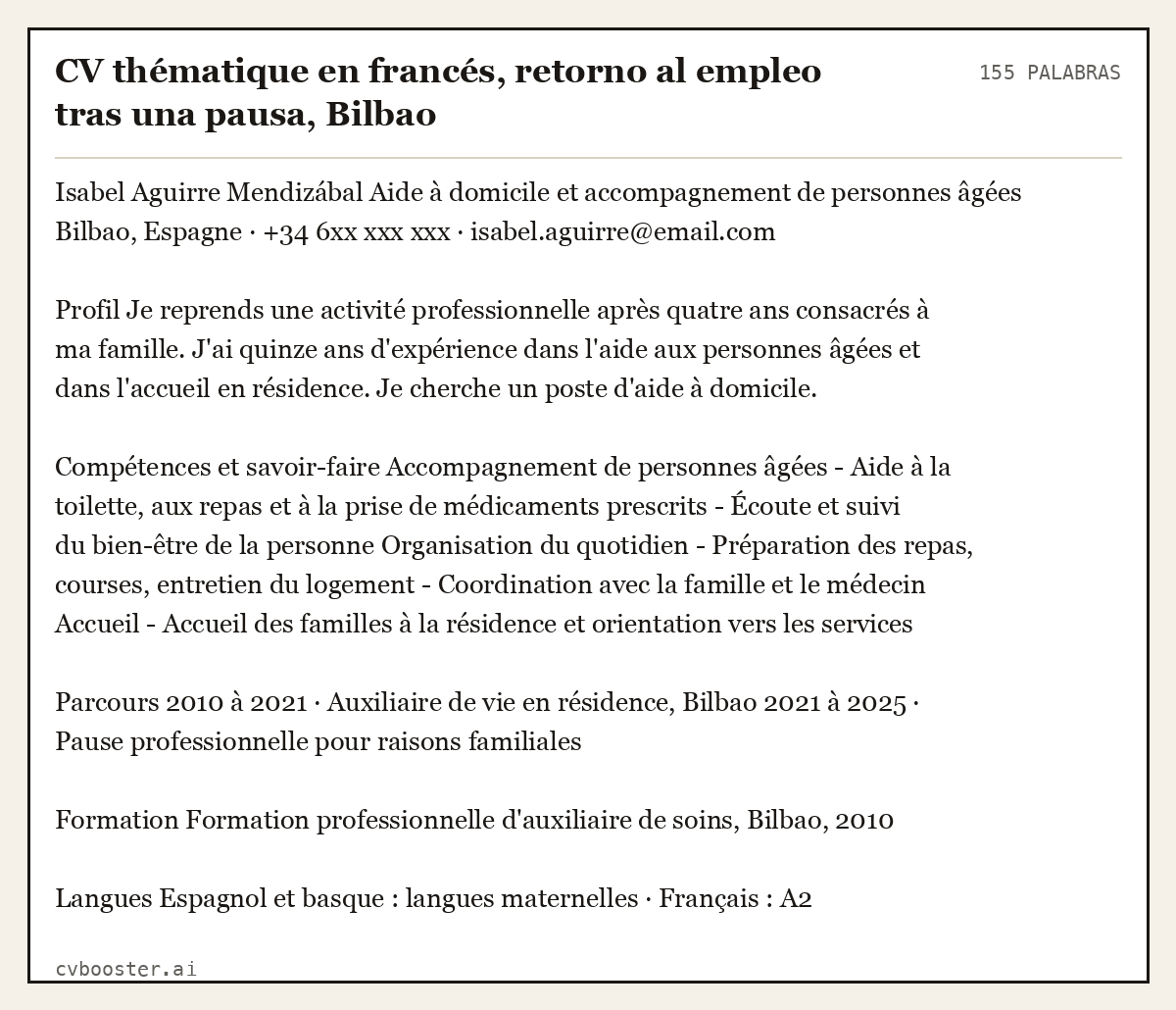Ejemplo completo: CV thématique en francés, retorno al empleo tras una pausa, Bilbao, 155 palabras