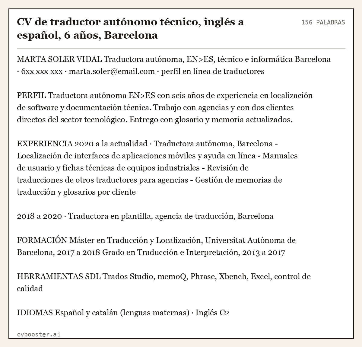 Ejemplo completo: CV de traductor autónomo técnico, inglés a español, 6 años, Barcelona, 156 palabras