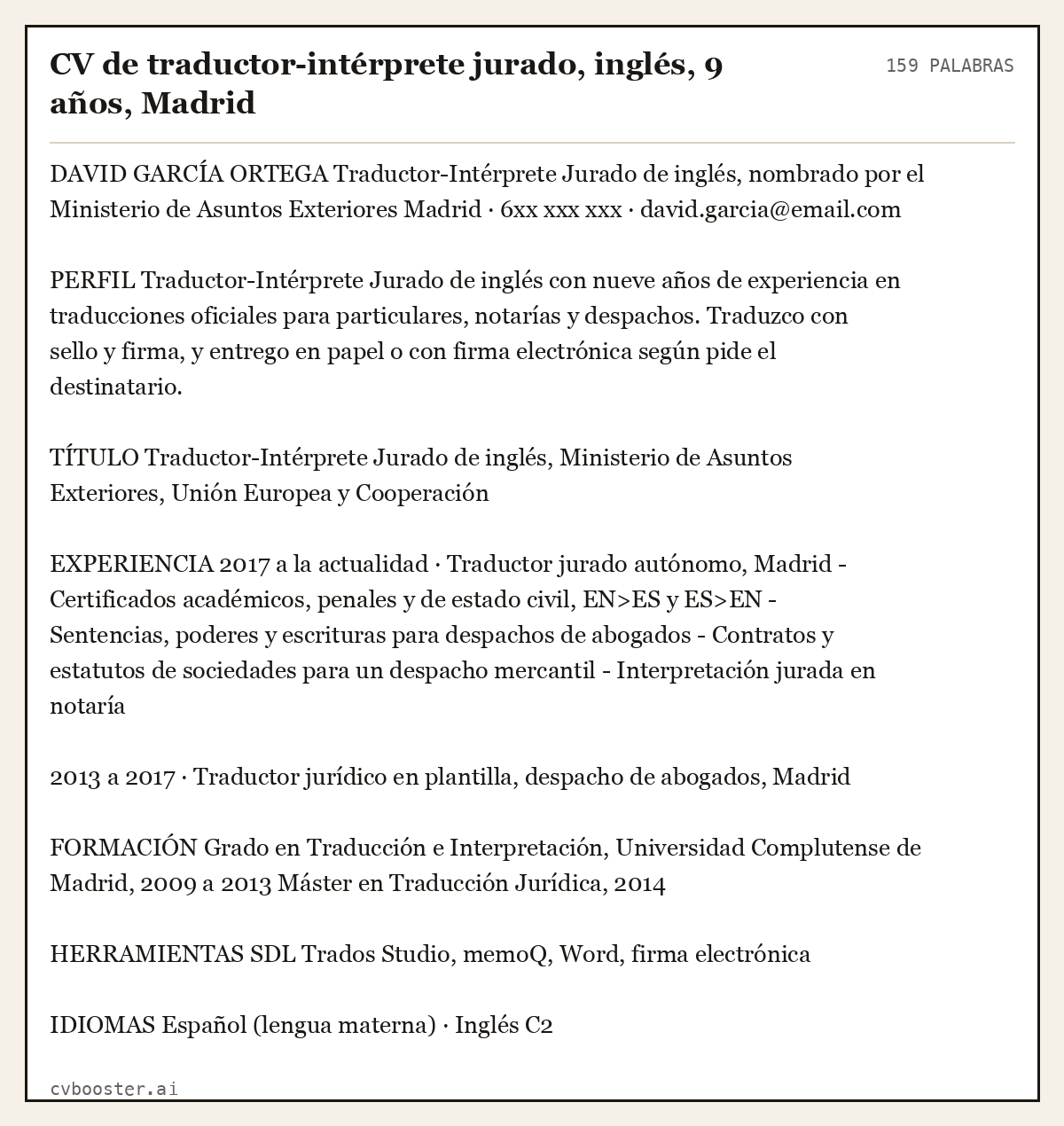 Ejemplo completo: CV de traductor-intérprete jurado, inglés, 9 años, Madrid, 159 palabras