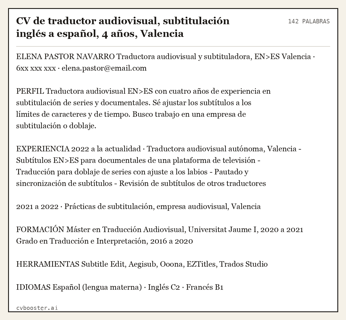 Ejemplo completo: CV de traductor audiovisual, subtitulación inglés a español, 4 años, Valencia, 142 palabras