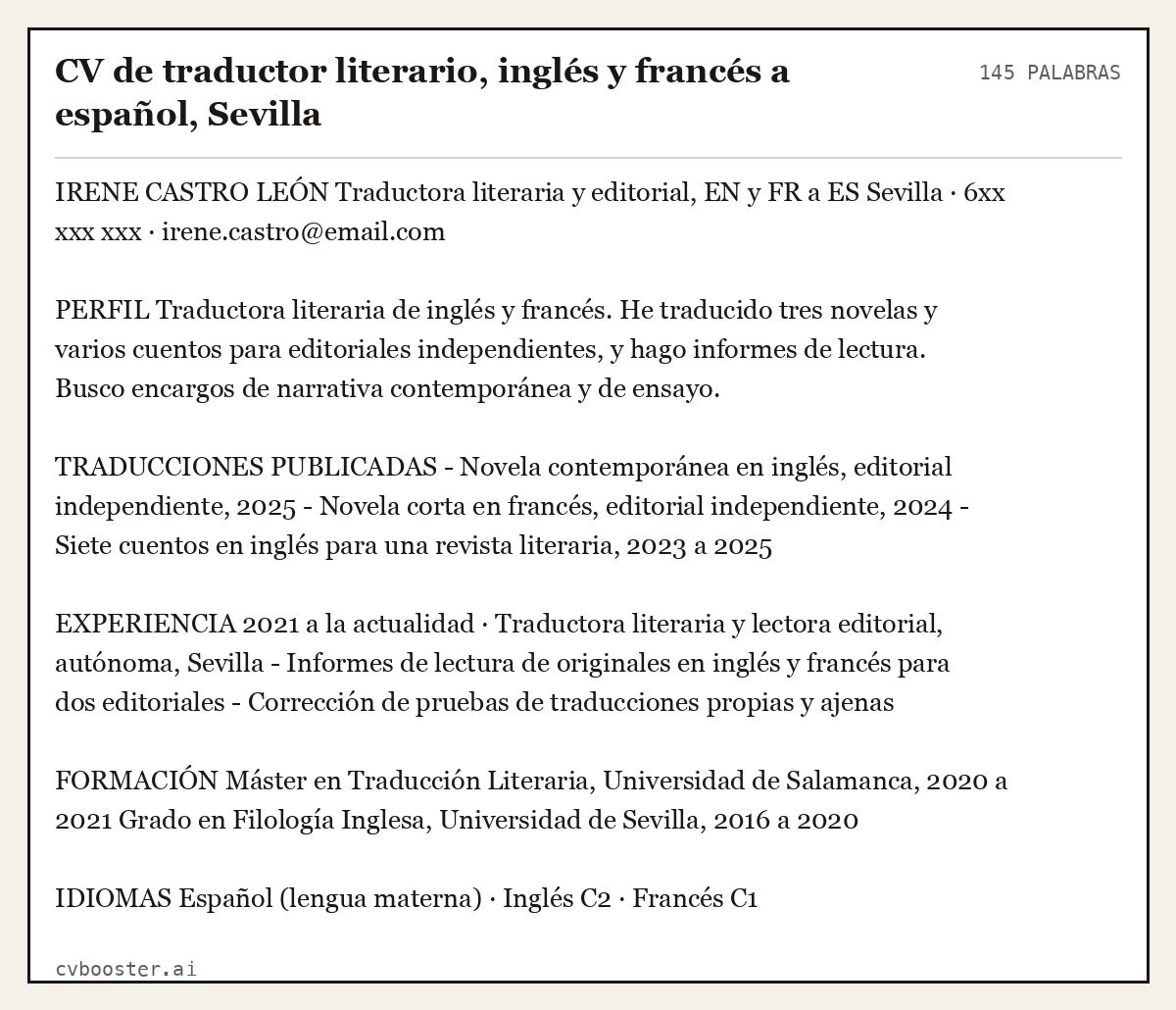 Ejemplo completo: CV de traductor literario, inglés y francés a español, Sevilla, 145 palabras