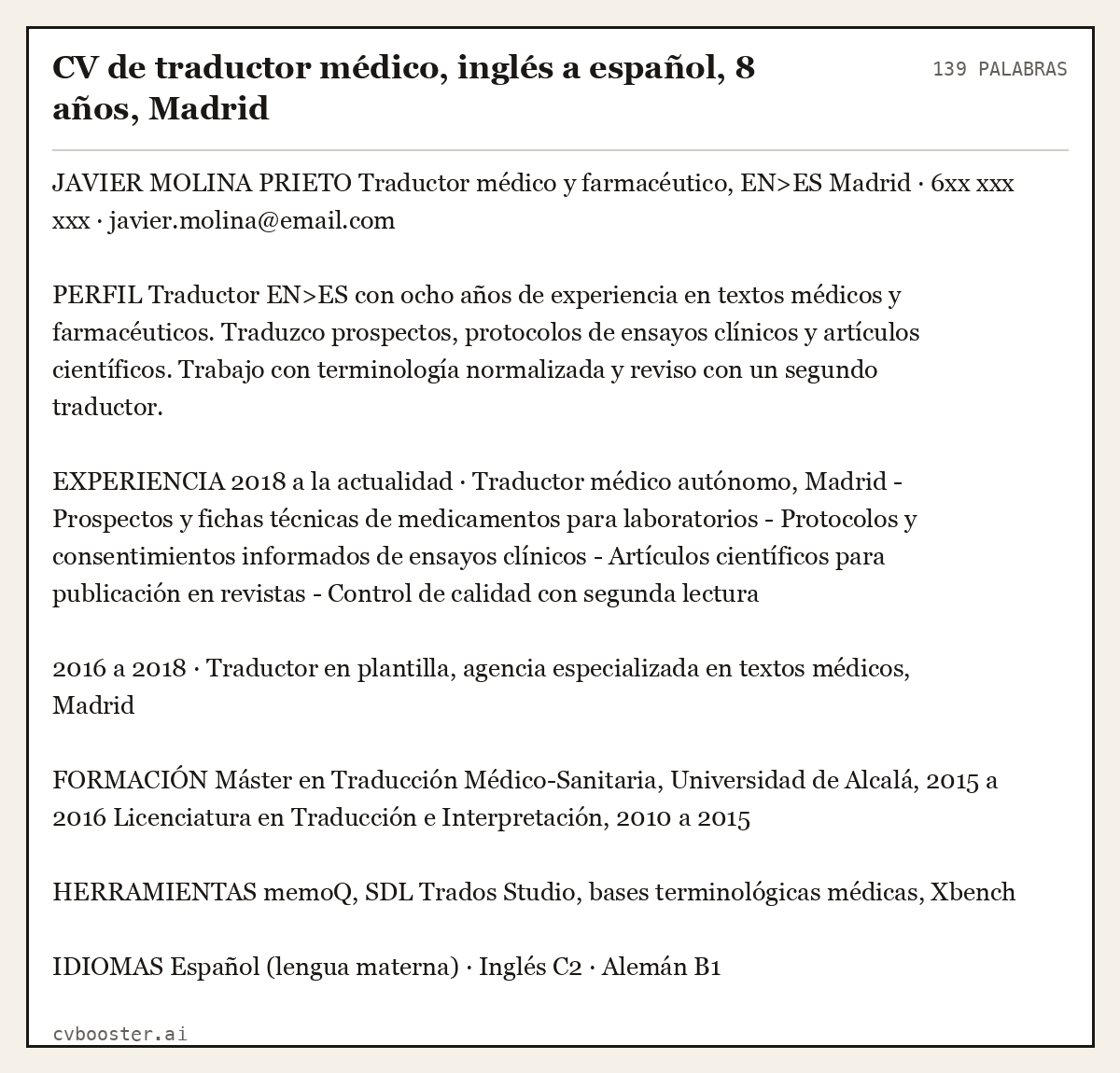 Ejemplo completo: CV de traductor médico, inglés a español, 8 años, Madrid, 139 palabras