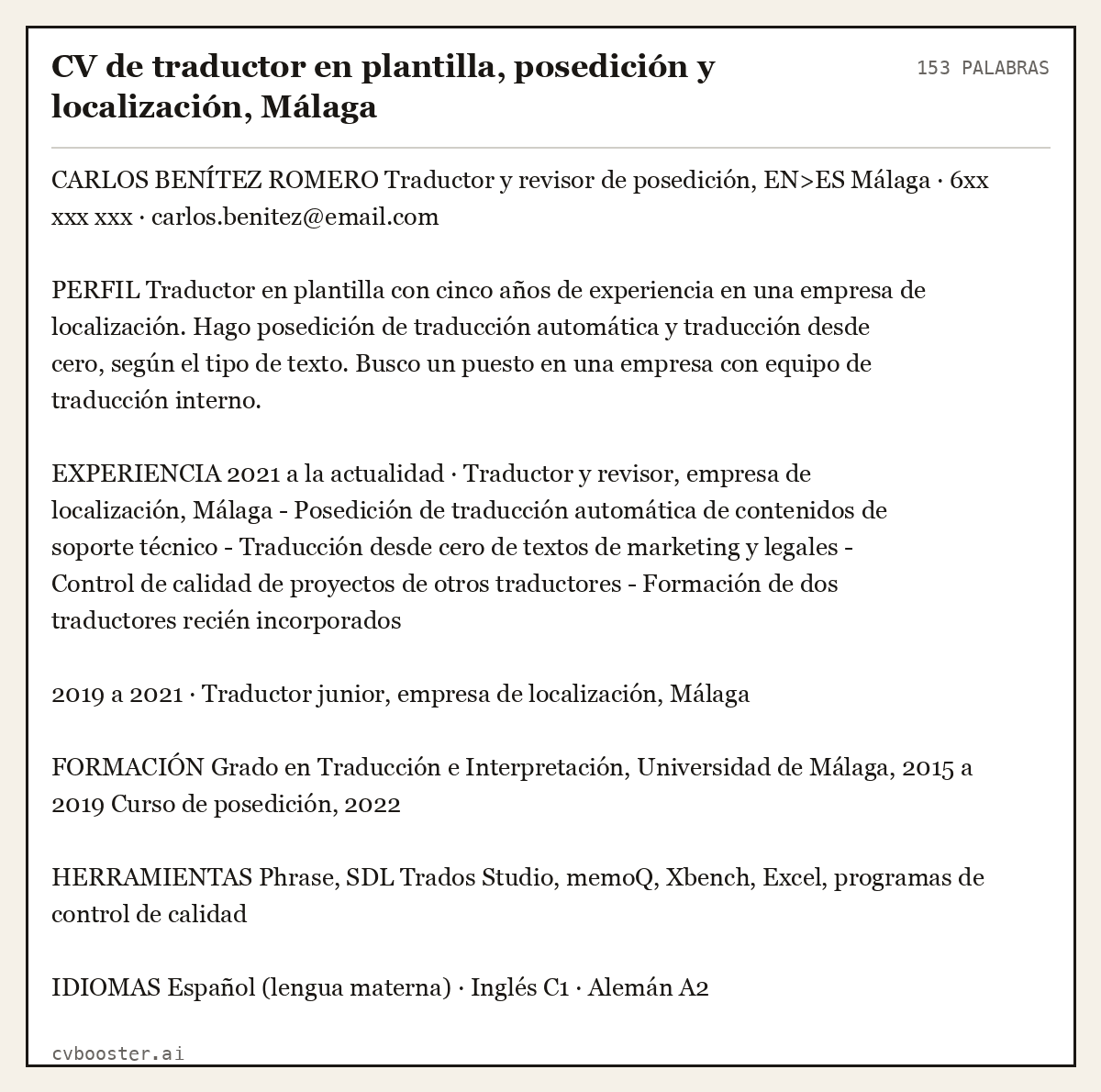Ejemplo completo: CV de traductor en plantilla, posedición y localización, Málaga, 153 palabras