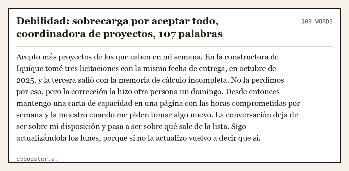 Ejemplo completo: Debilidad: sobrecarga por aceptar todo, coordinadora de proyectos, 109 palabras