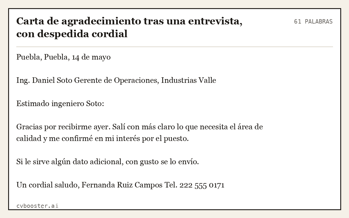 Ejemplo completo: Carta de agradecimiento tras una entrevista, con despedida cordial, 61 palabras