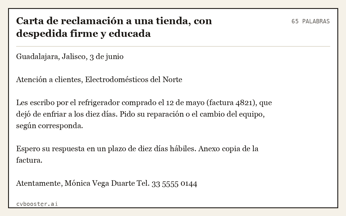 Ejemplo completo: Carta de reclamación a una tienda, con despedida firme y educada, 65 palabras