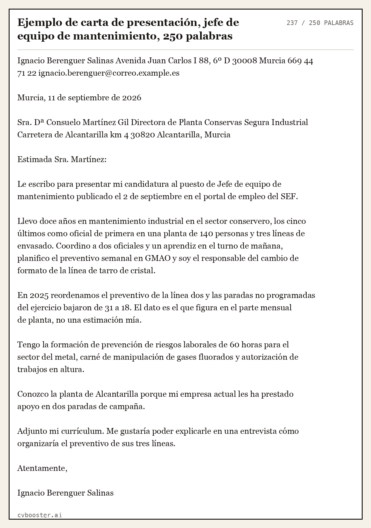 Ejemplo completo: Ejemplo de carta de presentación, jefe de equipo de mantenimiento, 250 palabras, 237 palabras