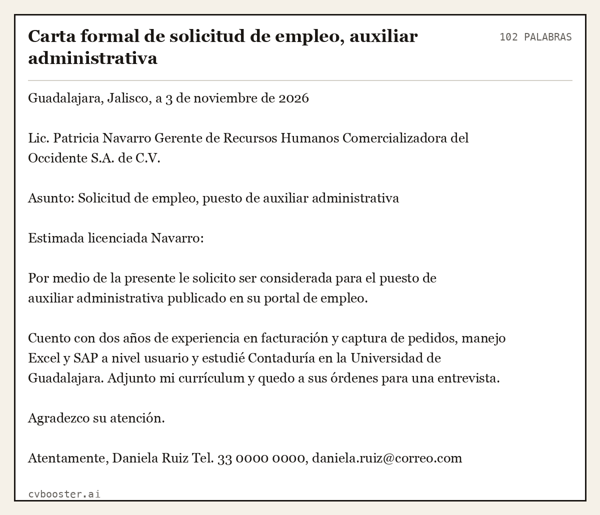 Ejemplo completo: Carta formal de solicitud de empleo, auxiliar administrativa, 102 palabras