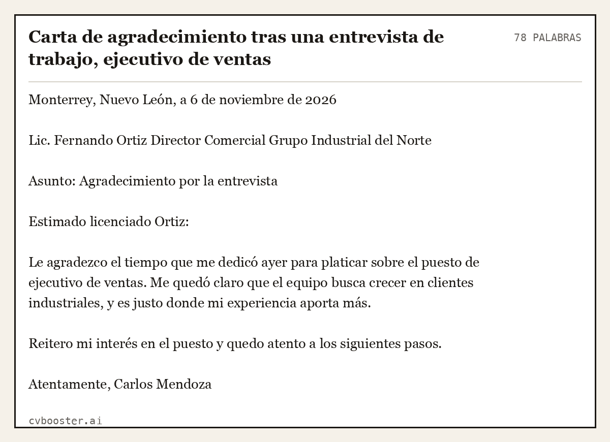 Ejemplo completo: Carta de agradecimiento tras una entrevista de trabajo, ejecutivo de ventas, 78 palabras