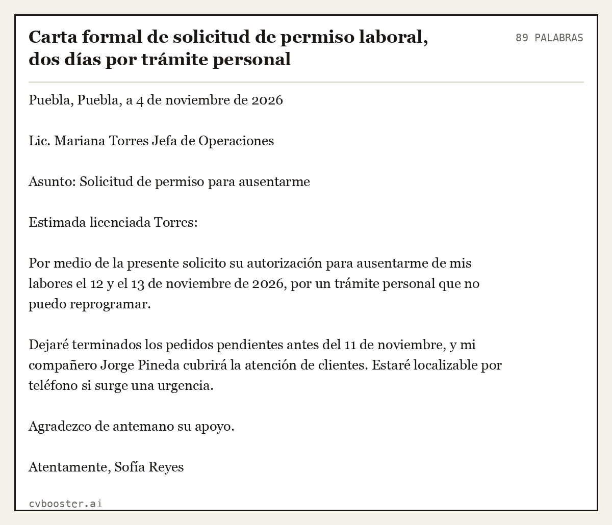 Ejemplo completo: Carta formal de solicitud de permiso laboral, dos días por trámite personal, 89 palabras