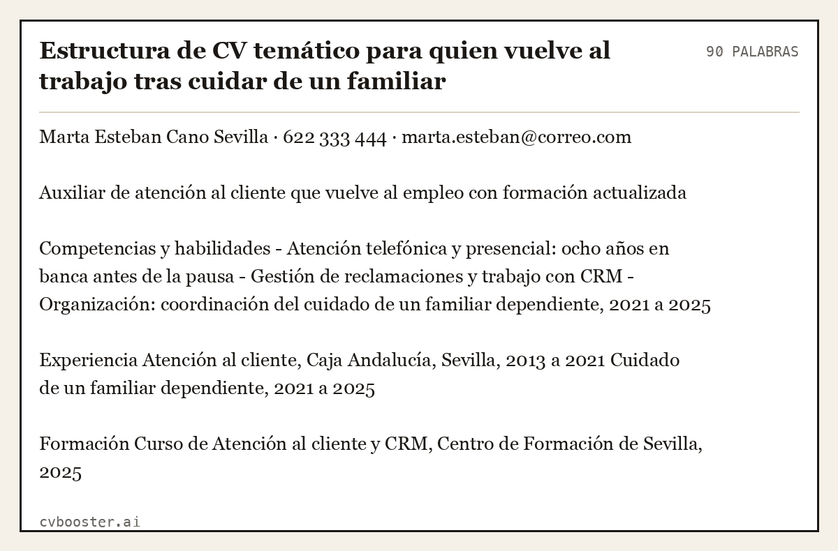 Ejemplo completo: Estructura de CV temático para quien vuelve al trabajo tras cuidar de un familiar, 90 palabras