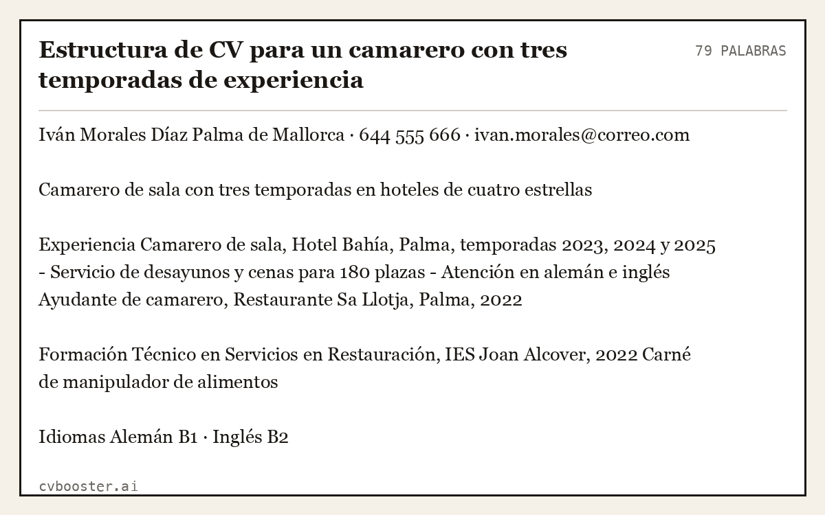 Ejemplo completo: Estructura de CV para un camarero con tres temporadas de experiencia, 79 palabras