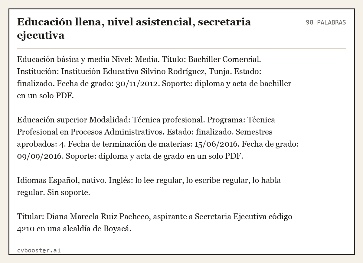 Ejemplo completo: Educación llena, nivel asistencial, secretaria ejecutiva, 98 palabras