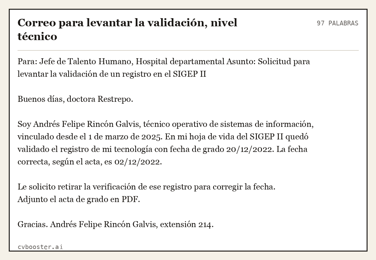 Ejemplo completo: Correo para levantar la validación, nivel técnico, 97 palabras