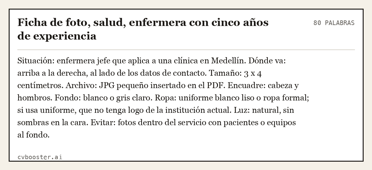 Ejemplo completo: Ficha de foto, salud, enfermera con cinco años de experiencia, 80 palabras