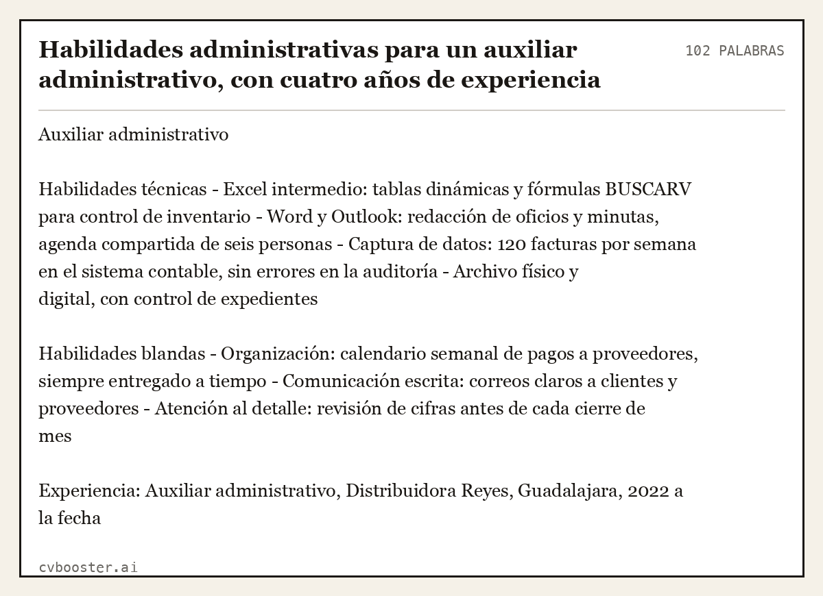 Ejemplo completo: Habilidades administrativas para un auxiliar administrativo, con cuatro años de experiencia, 102 palabras