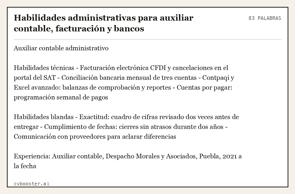 Ejemplo completo: Habilidades administrativas para auxiliar contable, facturación y bancos, 83 palabras