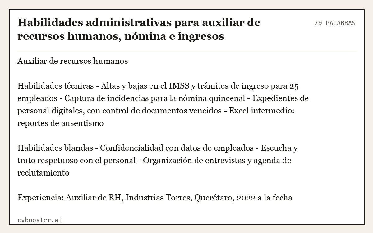 Ejemplo completo: Habilidades administrativas para auxiliar de recursos humanos, nómina e ingresos, 79 palabras