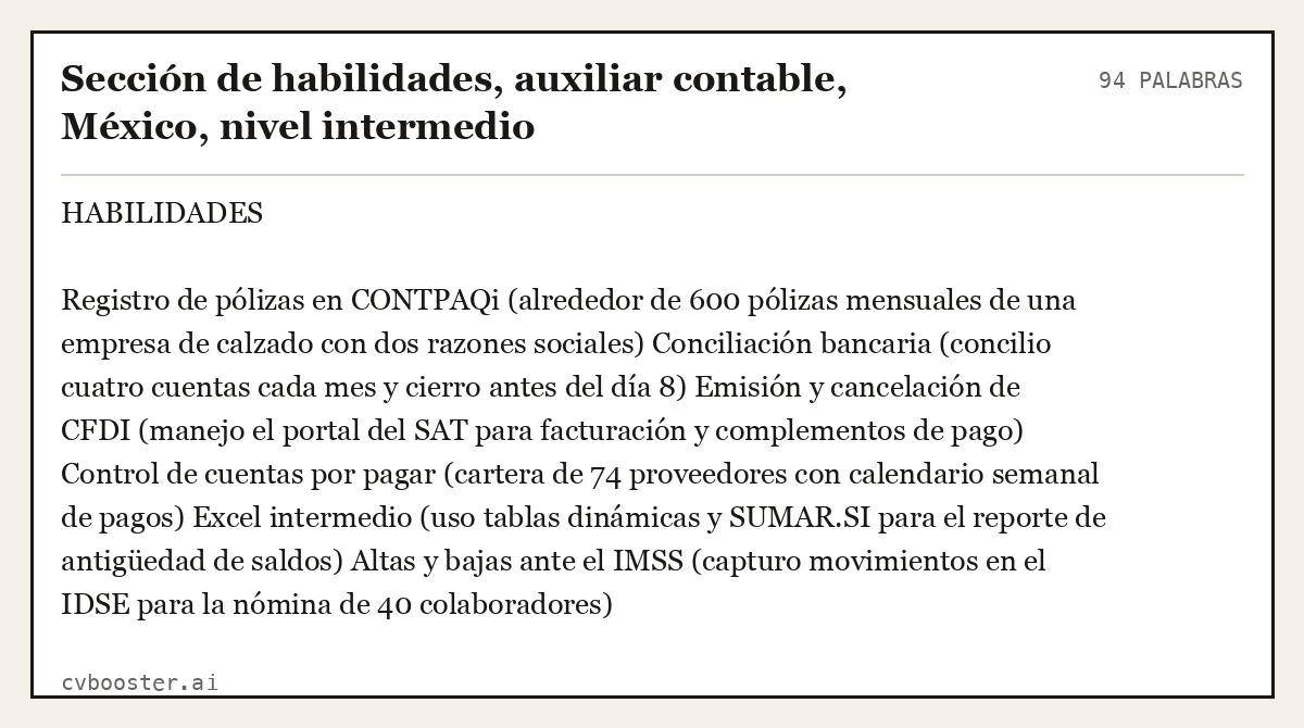 Ejemplo completo: Sección de habilidades, auxiliar contable, México, nivel intermedio, 94 palabras