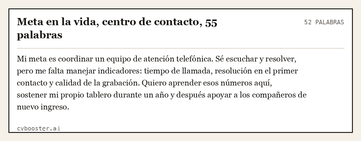 Ejemplo completo: Meta en la vida, centro de contacto, 55 palabras, 52 palabras