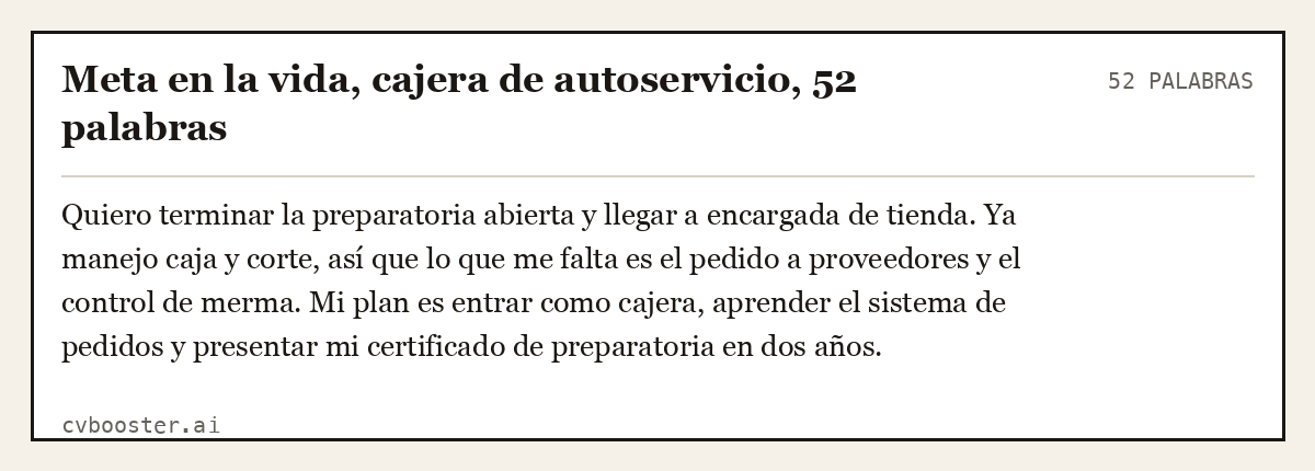 Ejemplo completo: Meta en la vida, cajera de autoservicio, 52 palabras, 52 palabras