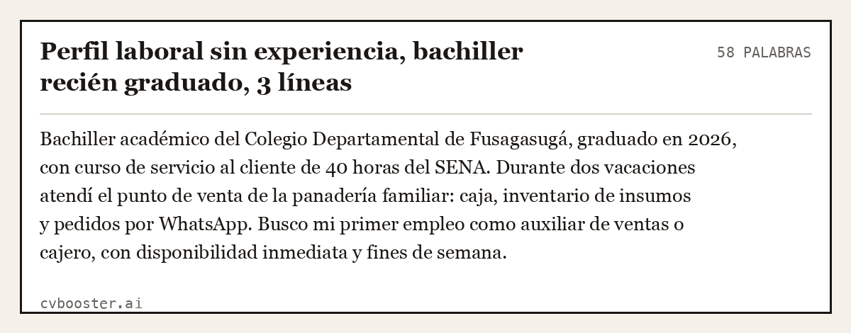 Ejemplo completo: Perfil laboral sin experiencia, bachiller recién graduado, 3 líneas, 58 palabras
