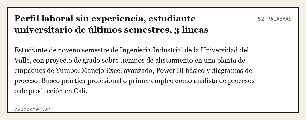 Ejemplo completo: Perfil laboral sin experiencia, estudiante universitario de últimos semestres, 3 líneas, 52 palabras
