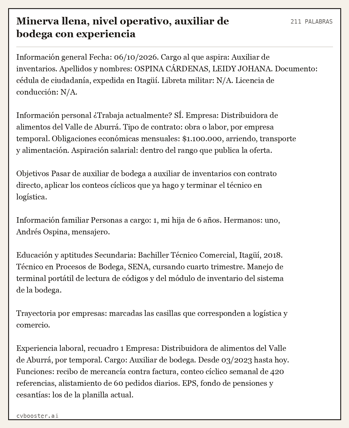 Ejemplo completo: Minerva llena, nivel operativo, auxiliar de bodega con experiencia, 211 palabras