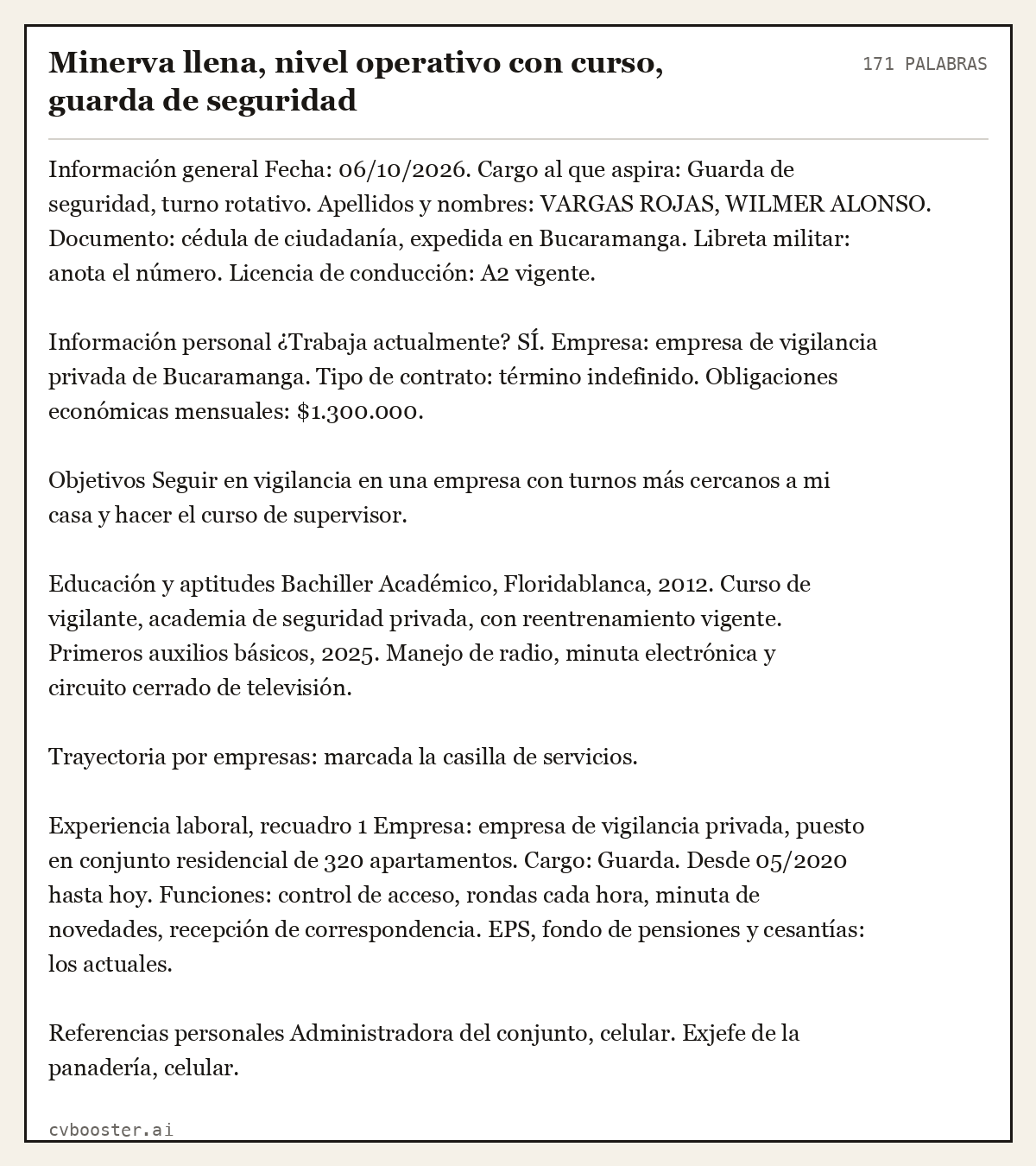 Ejemplo completo: Minerva llena, nivel operativo con curso, guarda de seguridad, 171 palabras