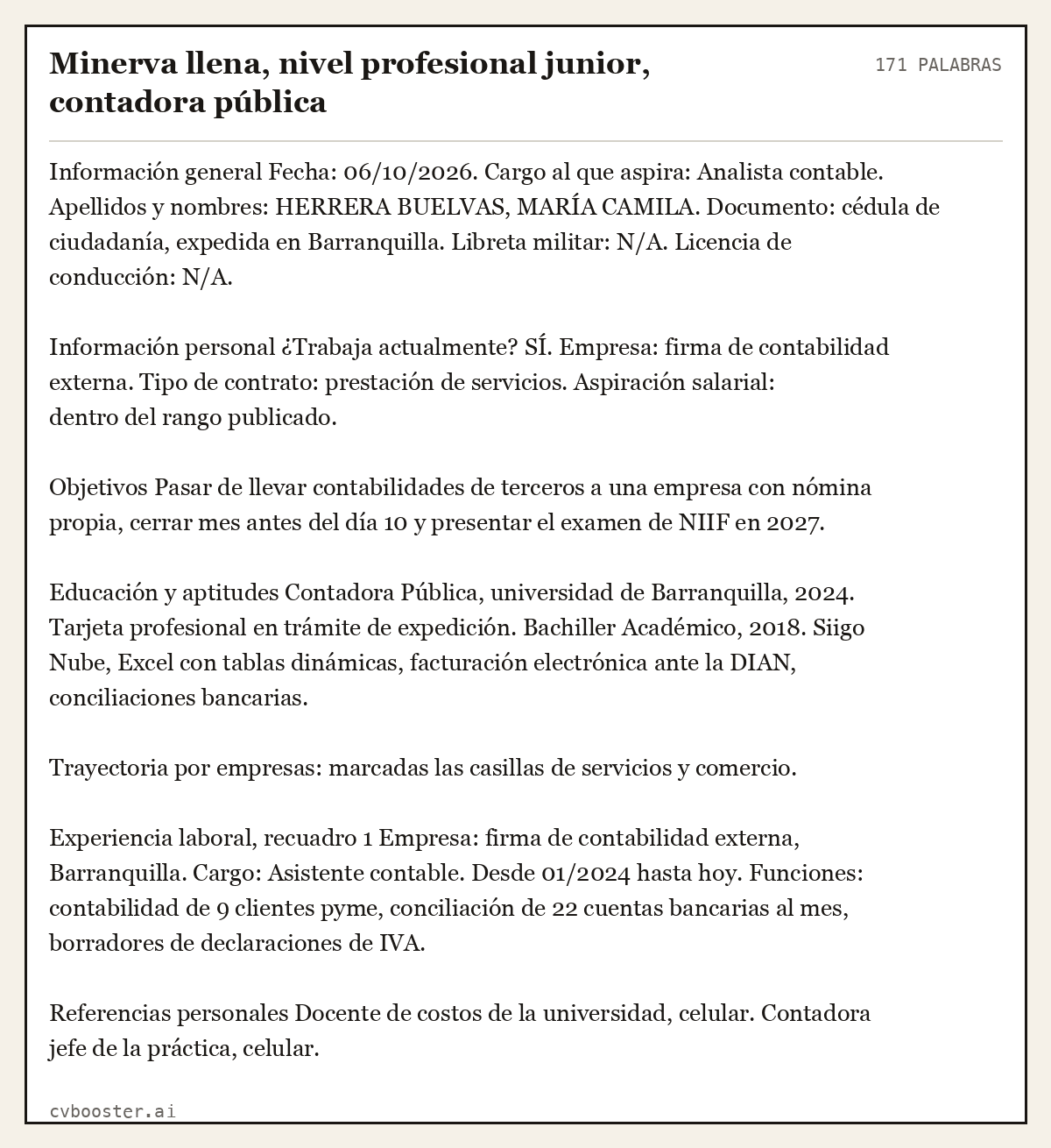 Ejemplo completo: Minerva llena, nivel profesional junior, contadora pública, 171 palabras