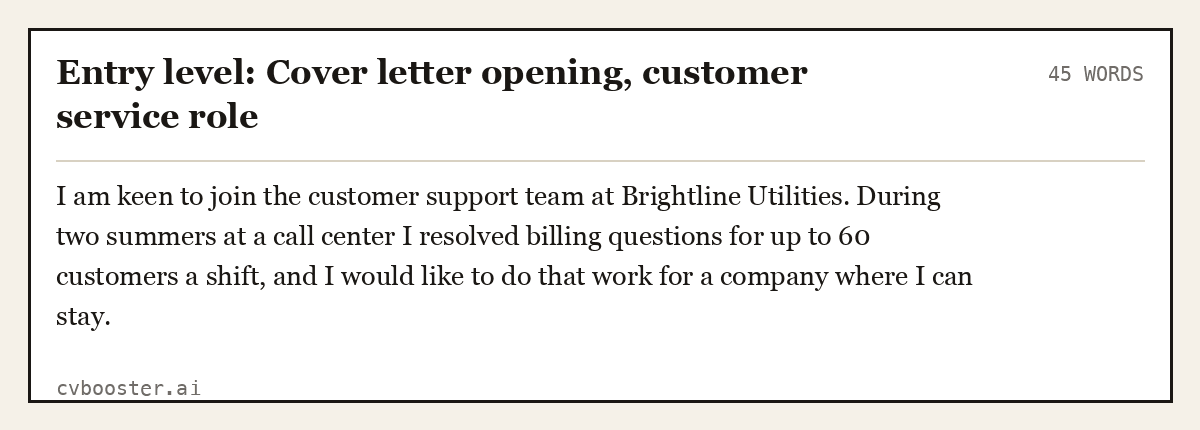 Entry level: Cover letter opening, customer service role, complete example, 45 words