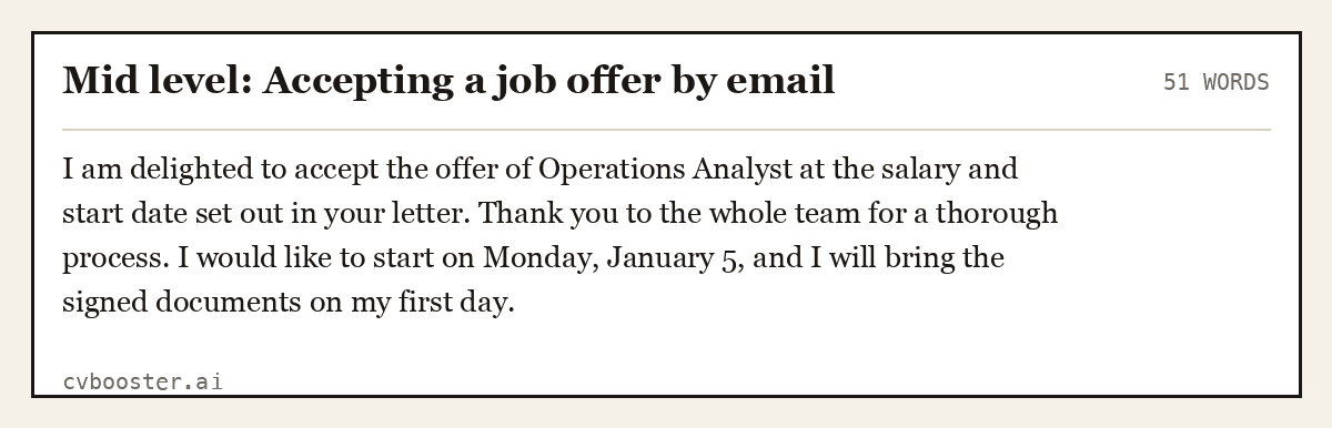 Complete Mid level: Accepting a job offer by email example, 51 words, laid out as it would sit in the application form