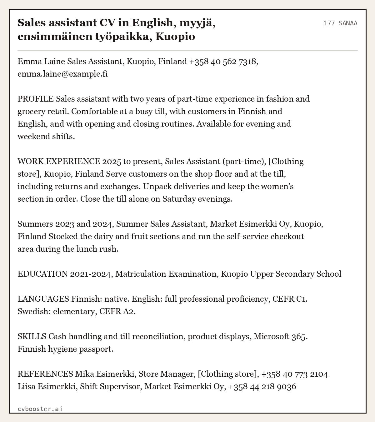 Valmis esimerkki: Sales assistant CV in English, myyjä, ensimmäinen työpaikka, Kuopio, 177 sanaa