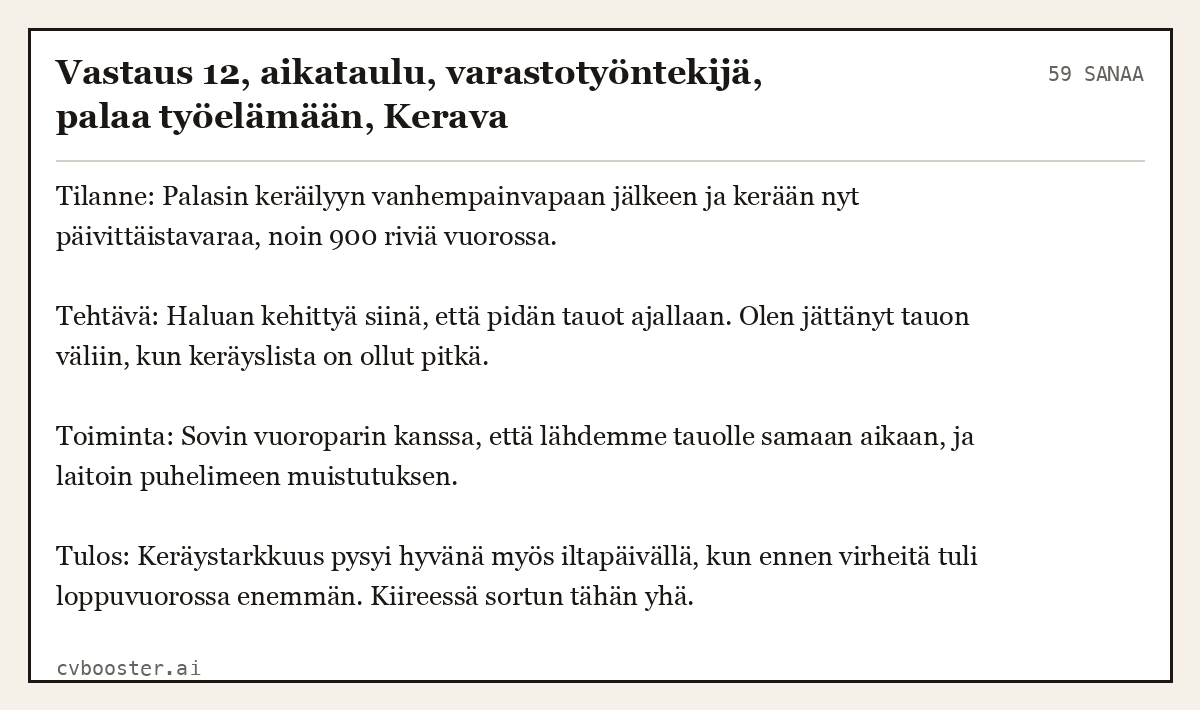 Valmis esimerkki: Vastaus 12, aikataulu, varastotyöntekijä, palaa työelämään, Kerava, 59 sanaa